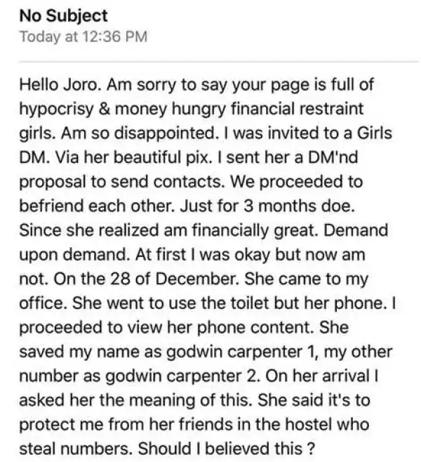My Girl Saved My Name as Godwin Carpenter.1 - Man Makes Shocking Revelation